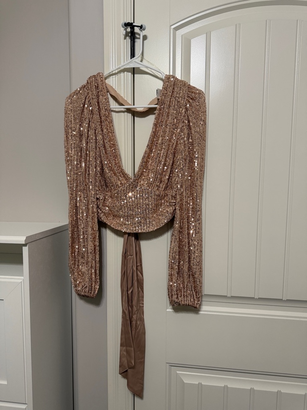 Windsor Rose Gold Sequin Deep V Long-Sleeve Crop Top